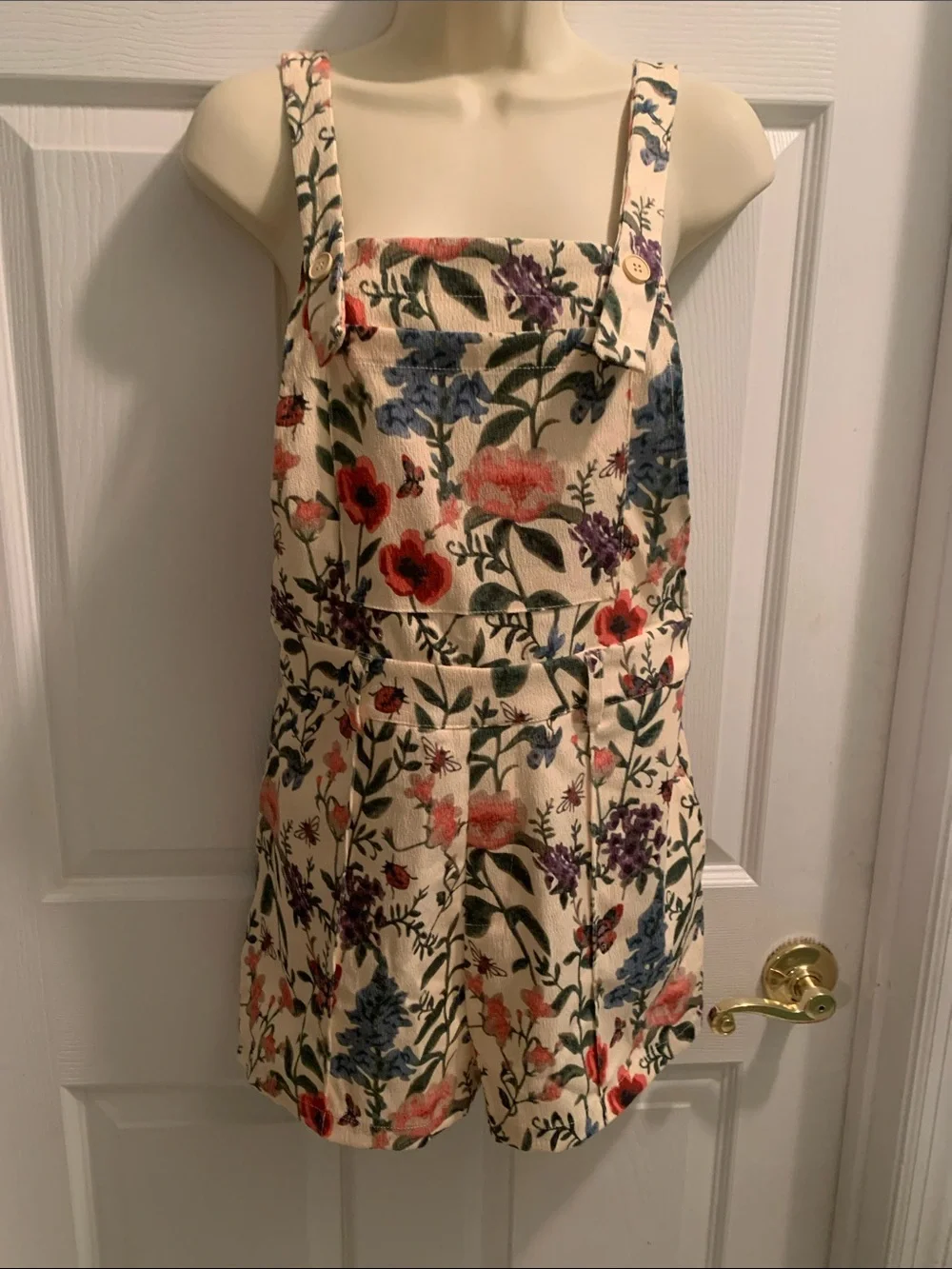 Cider Cream Floral Overall Romper with Red, Blue & Purple Blooms